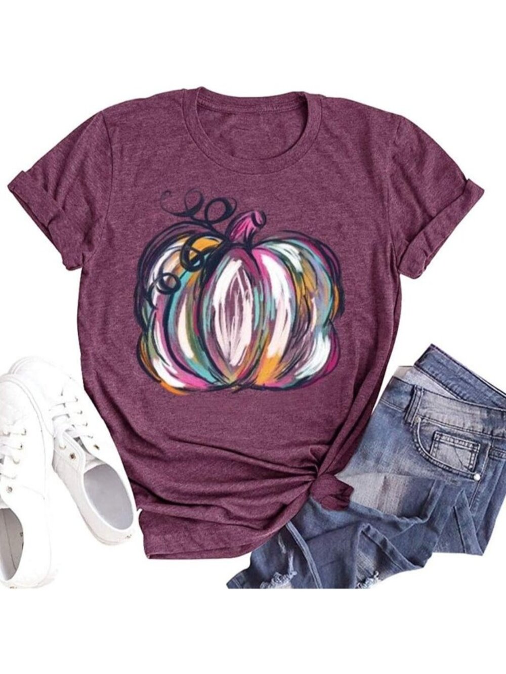 🆕 Women's Maroon Painted Pumpkin Halloween Graphic Tee Short Sleeve Shirt
